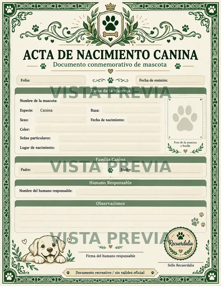 Acta canina conmemorativa de ejemplo